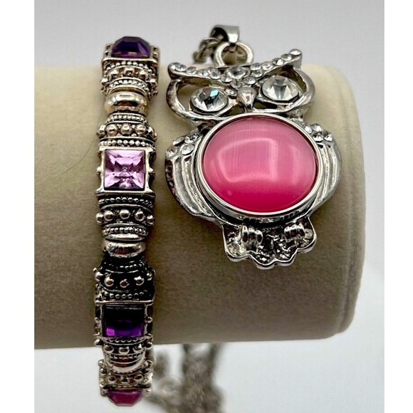 Vintage Jewelry - Vintage Silver Tone Bracelet & Owl Necklace With Faux Gemstones.      N40